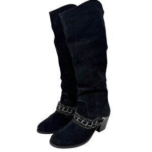 B. Makowsky Womens Black Suede Knee High‎ Western Boots Chain Detail Goth 9M ***